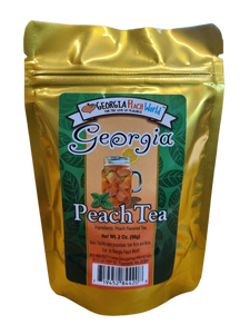 Gold foil resealable 2 oz package containing loose leaf peach tea