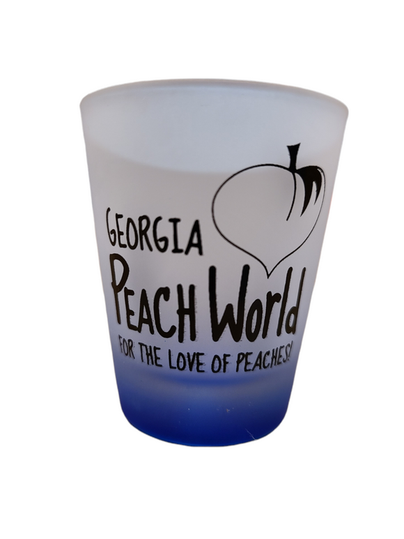 Standard frosted shot glass with a blue bottom printed with Georgia Peach World branding