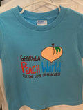 Light Blue crew neck toddler sized t-shirt printed with Georgia Peach World branding logo