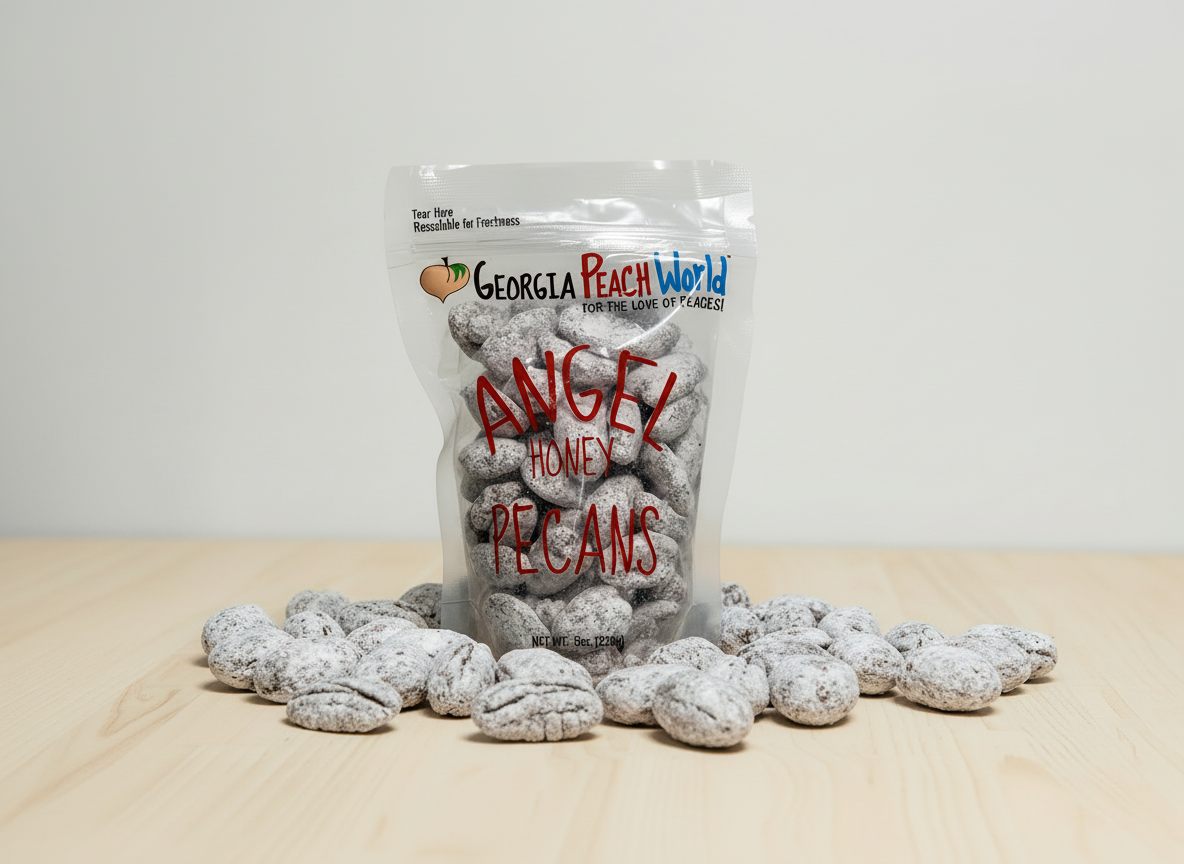 Bag of Georgia Peach World Angel Honey Pecans on a wooden surface with a white background