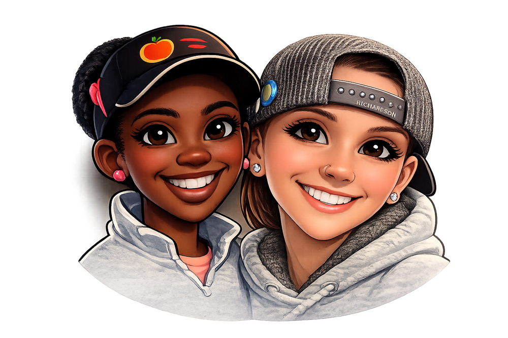 Two animated characters wearing caps and smiling on a white background