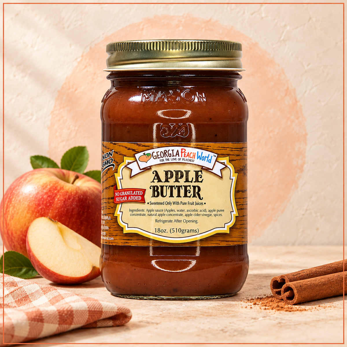 A jar of apple butter with a label that reads 'Apple Butter' and has some decorative elements like apple illustrations.