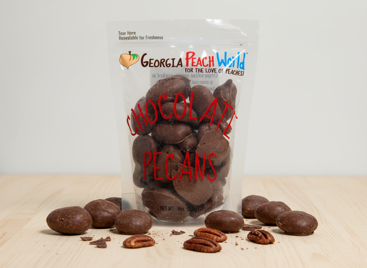 Bag of chocolate pecans with Georgia Peach World branding on a wooden surface.