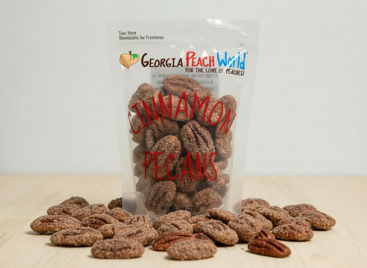 Bag of cinnamon pecans with 'Georgia Peach World' branding on a wooden surface.