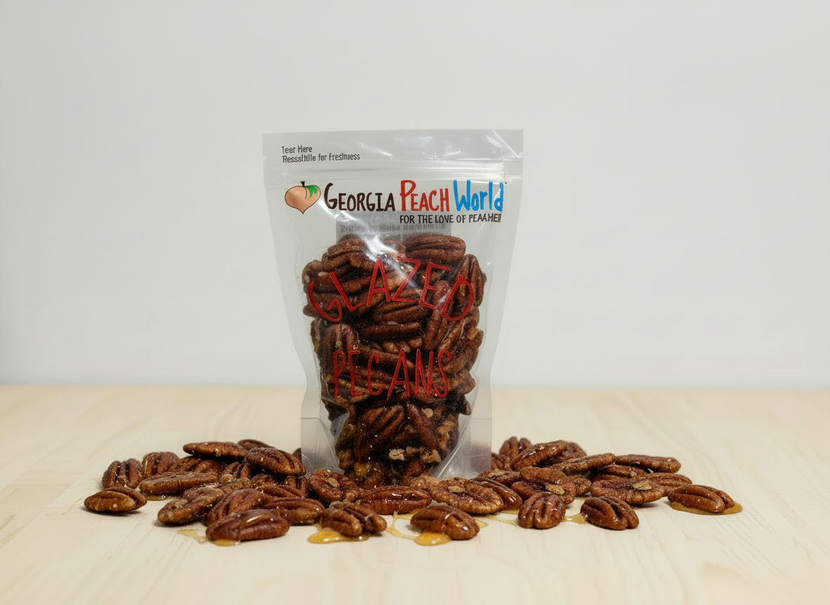 Bag of glazed pecans with 'Georgia Peach World' branding on a wooden surface.