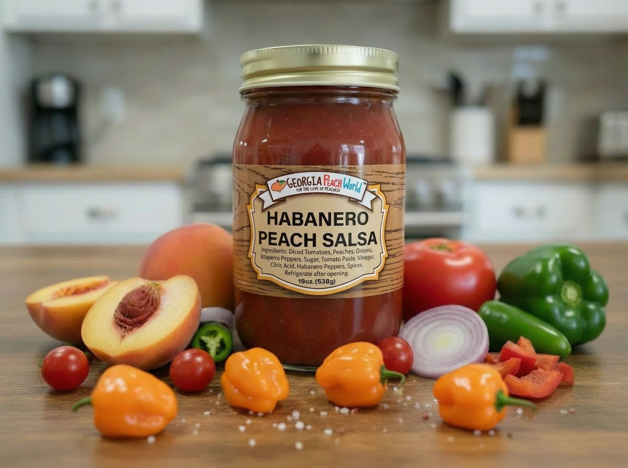 Jar of habanero peach salsa on a wooden table with fresh ingredients in a kitchen setting