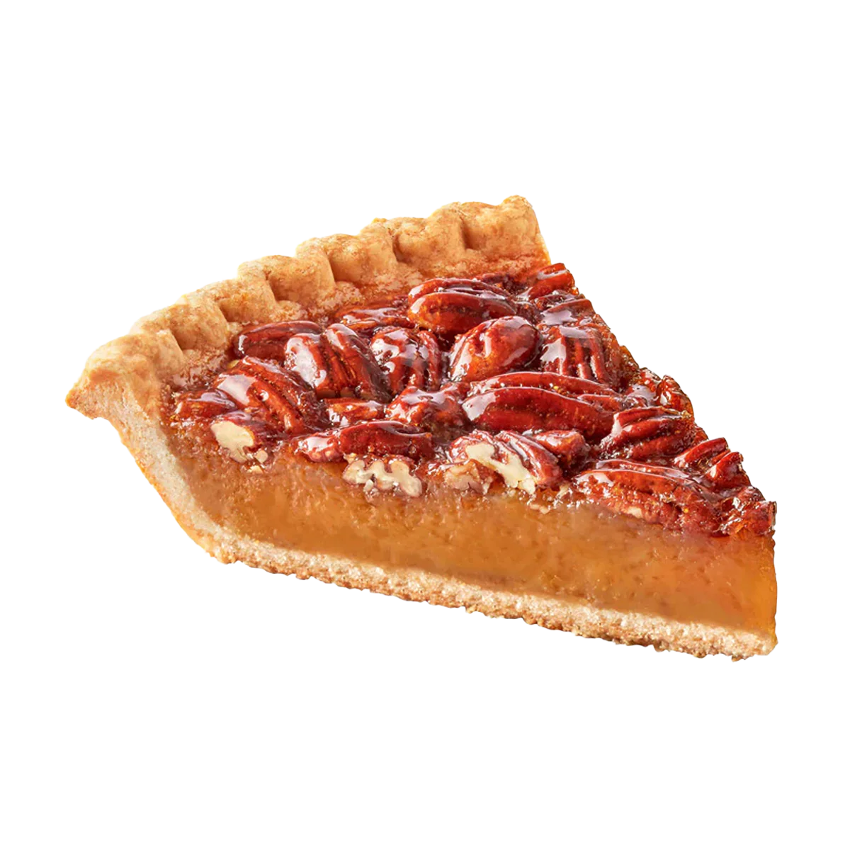 Slice of pecan pie on a white background