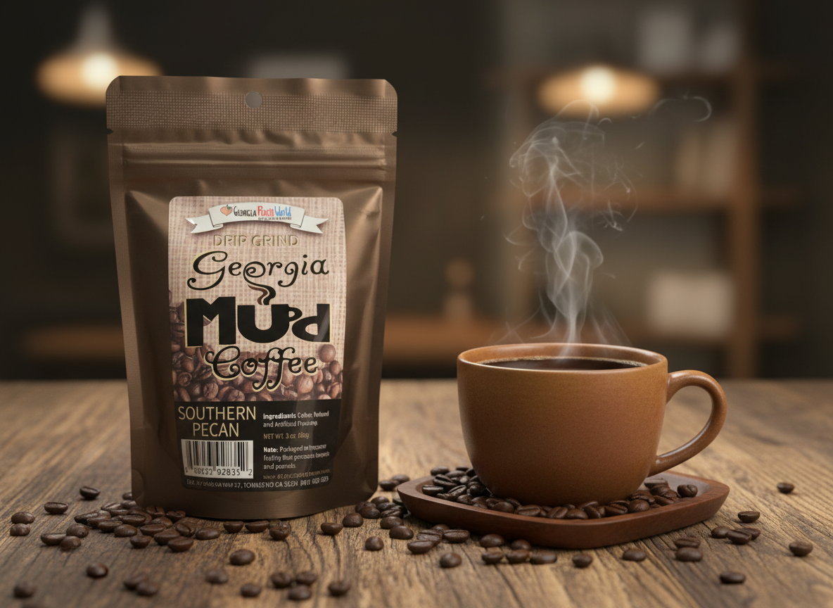 Georgia Mud Coffee package with a steaming cup of coffee on a wooden table.