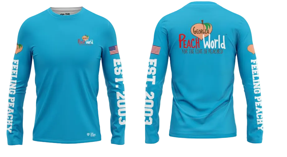 A blue sports shirt with long sleeves, featuring text and graphic designs. One shirt displays the front view with 'Georgia Peach World' and the other shows the sleeve with 'Feelin' Peachy' and the year '2003'.