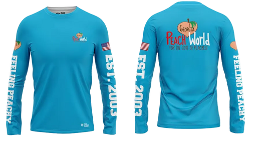 A blue sports shirt with long sleeves, featuring text and graphic designs. One shirt displays the front view with 'Georgia Peach World' and the other shows the sleeve with 'Feelin' Peachy' and the year '2003'.