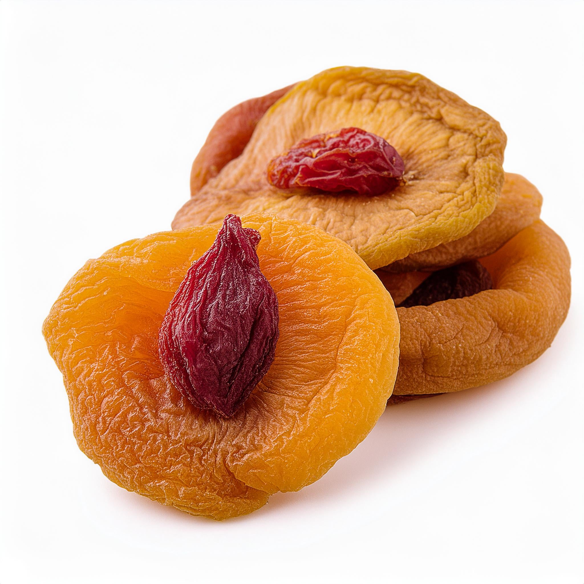 A collection of dried peaches on a white background.