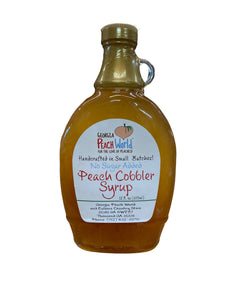 Glass handle bottle with shrink wrapped lid seal containing no sugar added peach cobbler syrup