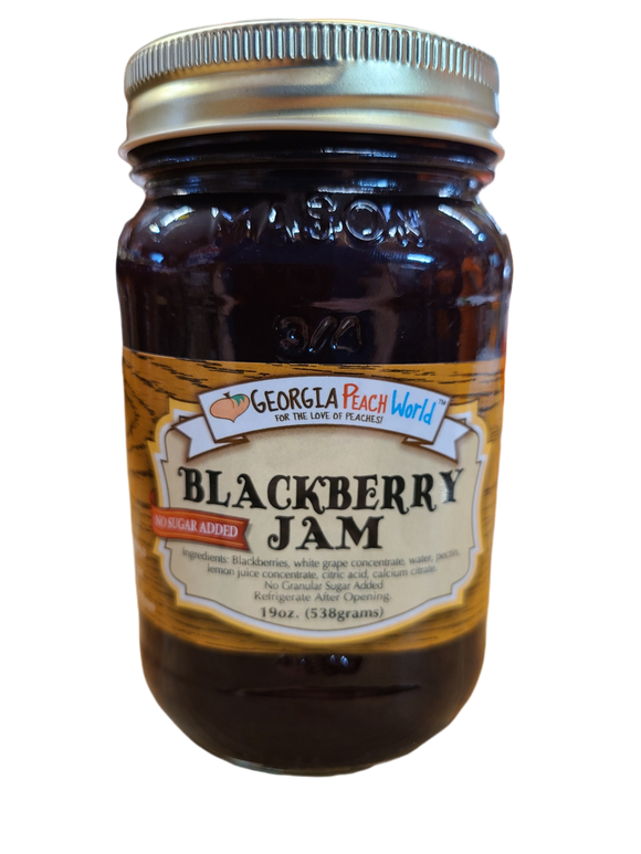 Standard glass Mason Jar containing no sugar added blackberry jam