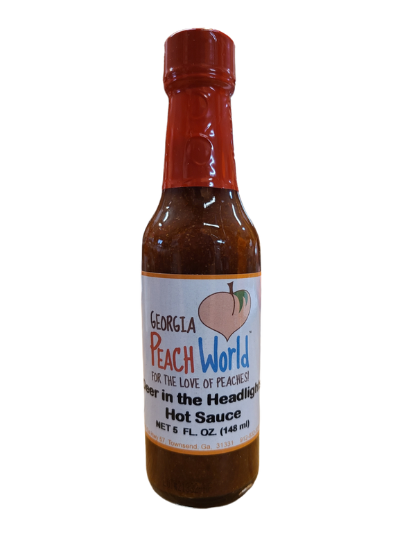 Small, tall 5 oz bottle containing deer in the headlights hot sauce with a shrink wrapped lid seal