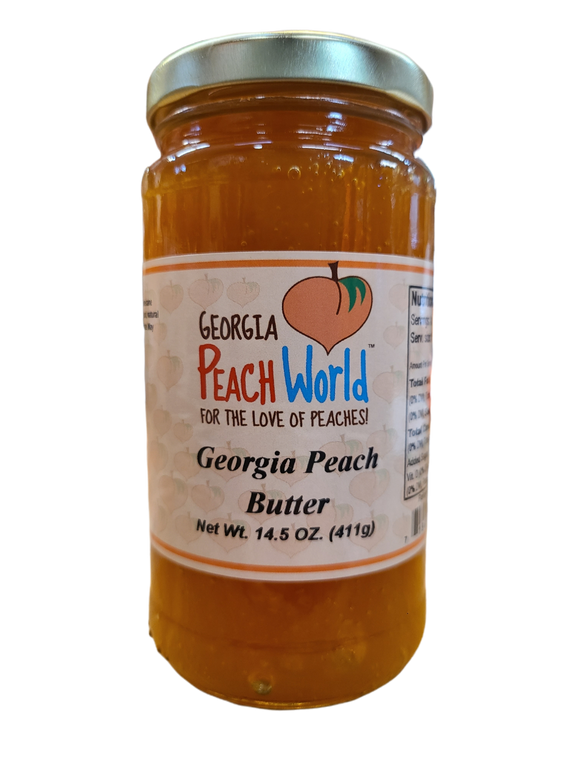 Tall skinny glass jar containing 15 oz of peach butter