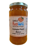 Tall skinny glass jar containing 15 oz of peach butter
