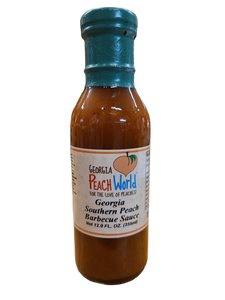 Tall glass 12 oz bottle containing southern peach barbecue sauce with a shrink wrapped lid seal