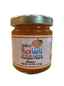 Small 5 oz glass jar containing peach butter