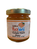 Small 5 oz glass jar containing peach butter