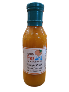 Tall 12 oz glass bottle containing peach pecan dressing