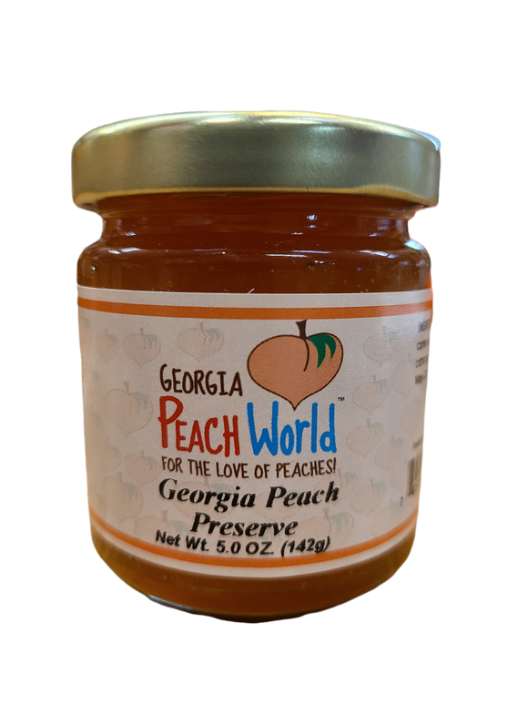 Small 5 oz glass jar containing peach preserves