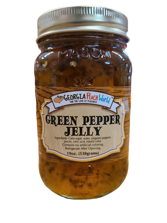 Standard glass mason jar containing green pepper jelly