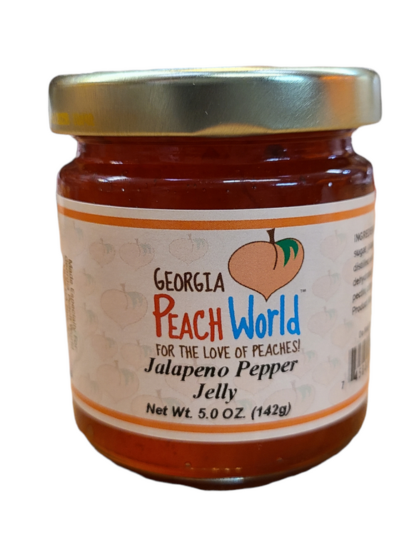 Small glass 5 oz jar containing jalapeno pepper jelly