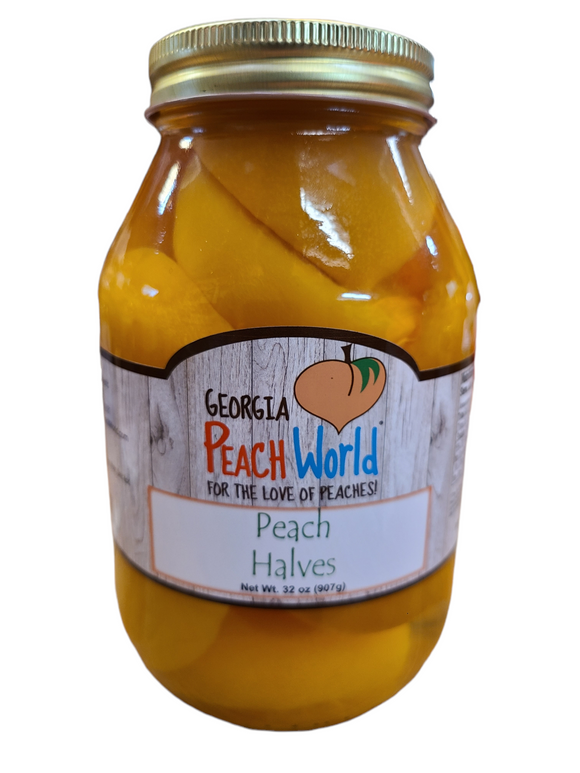 Quart sized jar containing skinless peach halves in water