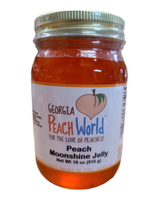 Standard glass mason jar with a shrink wrapped lid containing peach moonshine flavored jelly