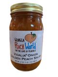Standard glass mason jar containing vidalia onion golden peach salsa