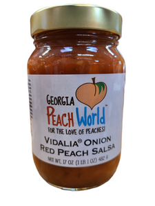 Standard glass mason jar containing vidalia onion red peach salsa