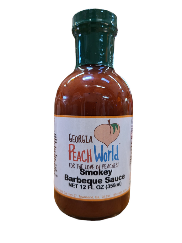 Short 12 oz glass bottle with a shrink wrapped screw on lid containing smokey barbecue sauce