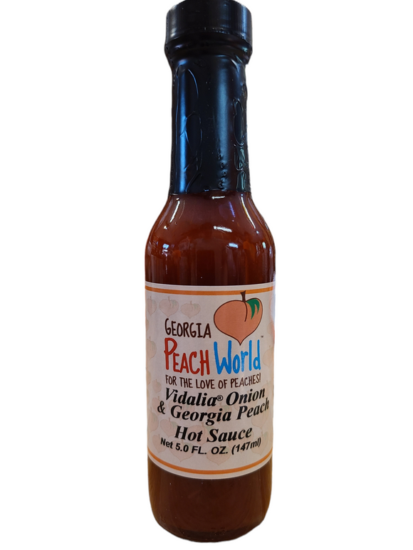 Small, tall 5 oz glass bottle containing vidalia onion and georgia peach hot sauce