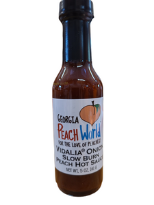 Small, tall 5 oz glass bottle containing vidalia onion slow burn peach hot sauce