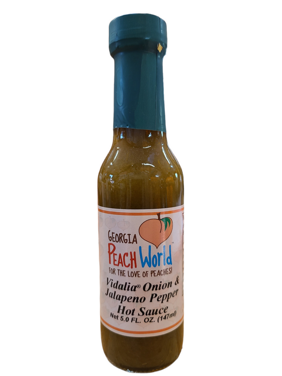 Small, tall 5 oz glass bottle containing vidalia onion and jalapeno pepper hot sauce