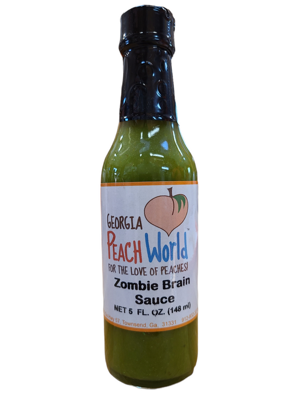Small, tall 5 oz glass bottle containing zombie brain hot sauce