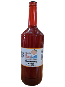 Tall quart sized glass bottle containing strawberry cider