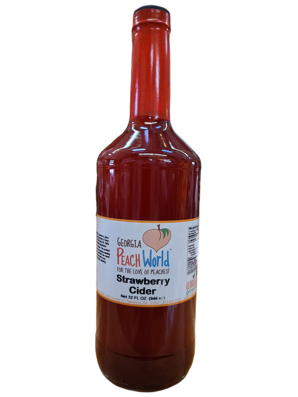 Tall quart sized glass bottle containing strawberry cider