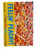 Thin cardstock postcard printed with a graphic of many baskets of peaches. The lower third of the graphic reads "Feelin' Peachy" with Georgia Peach World branding underneath