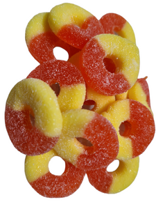 Yellow and orange colored soft chew gummy ring candies covered in granulated sugar packaged in 4 oz plastic wrapper