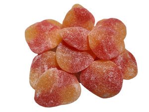 Red and orange colored soft chew gummy round candies covered in granulated sugar packaged in 4 oz plastic wrapper