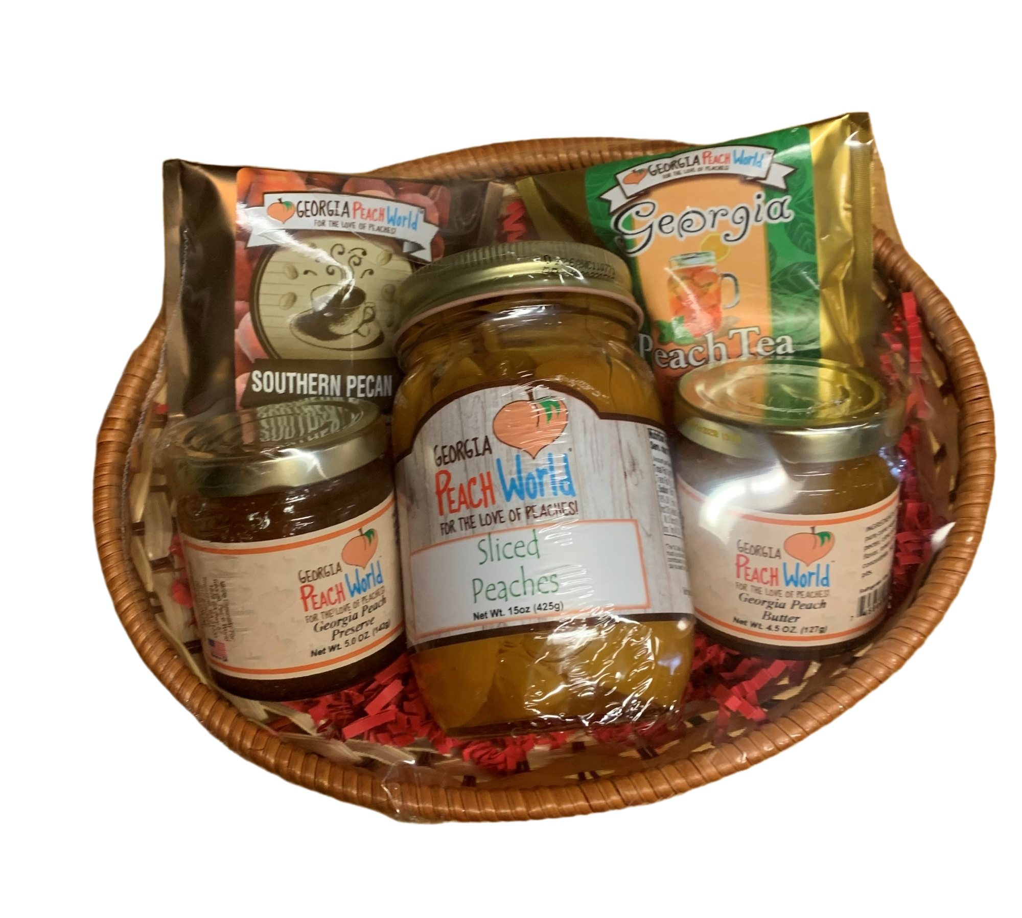 Small oval wicker basket lined with crinkle paper. Basket holds