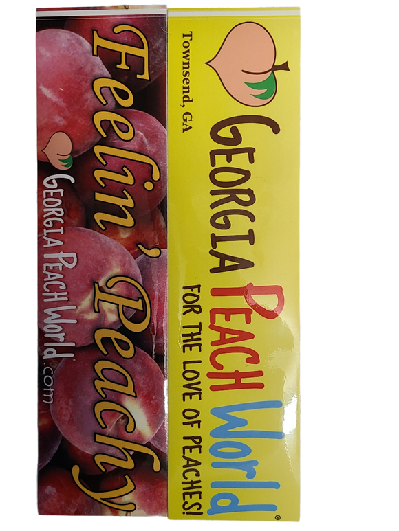 Long car bumper sticker with two options. One is yellow with Georgia Peach World branding logo and the other has a background graphic of peaches with Georgia Peach World Branding