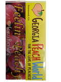 Long car bumper sticker with two options. One is yellow with Georgia Peach World branding logo and the other has a background graphic of peaches with Georgia Peach World Branding