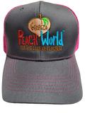 Charcoal colored Richardson brand trucker style hat with a pink mesh back printed with Georgia Peach World branding logo
