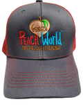 Charcoal colored Richardson brand trucker style hat with a red mesh back printed with Georgia Peach World branding logo