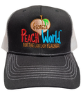 Black Richardson brand trucker style hat with a white mesh back printed with Georgia Peach World branding logo