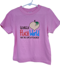 Light pink crew neck toddler sized t-shirt printed with Georgia Peach World branding logo