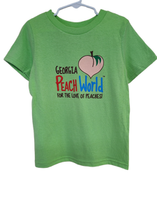 Light Green crew neck toddler sized t-shirt printed with Georgia Peach World branding logo