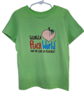 Light Green crew neck toddler sized t-shirt printed with Georgia Peach World branding logo